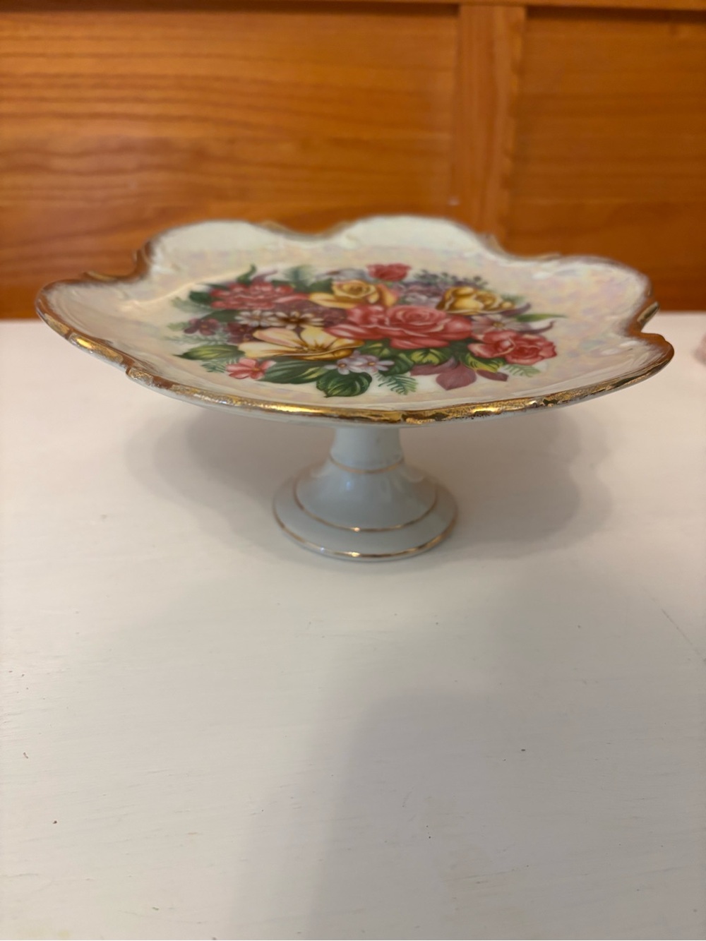 Vintage Lipper and Mann Iridescent China Pedestal Floral Cake Treat Stand